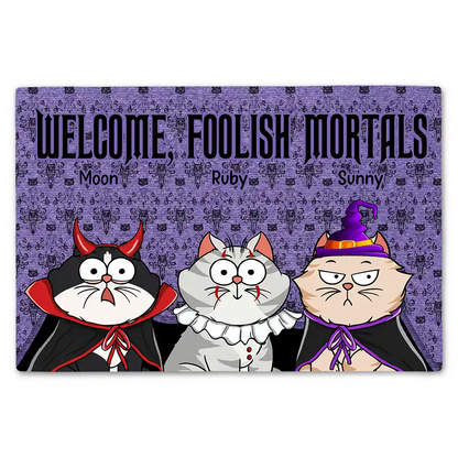 "Welcome Foolish Mortals" Personalized Doormat - Custom Halloween Decor for Cat Lovers