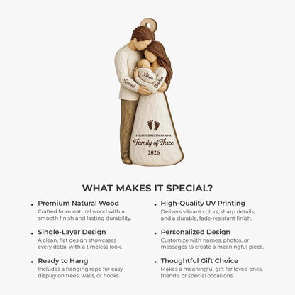 First Christmas as a Family of Three - Personalized Wooden Ornament for New Parents