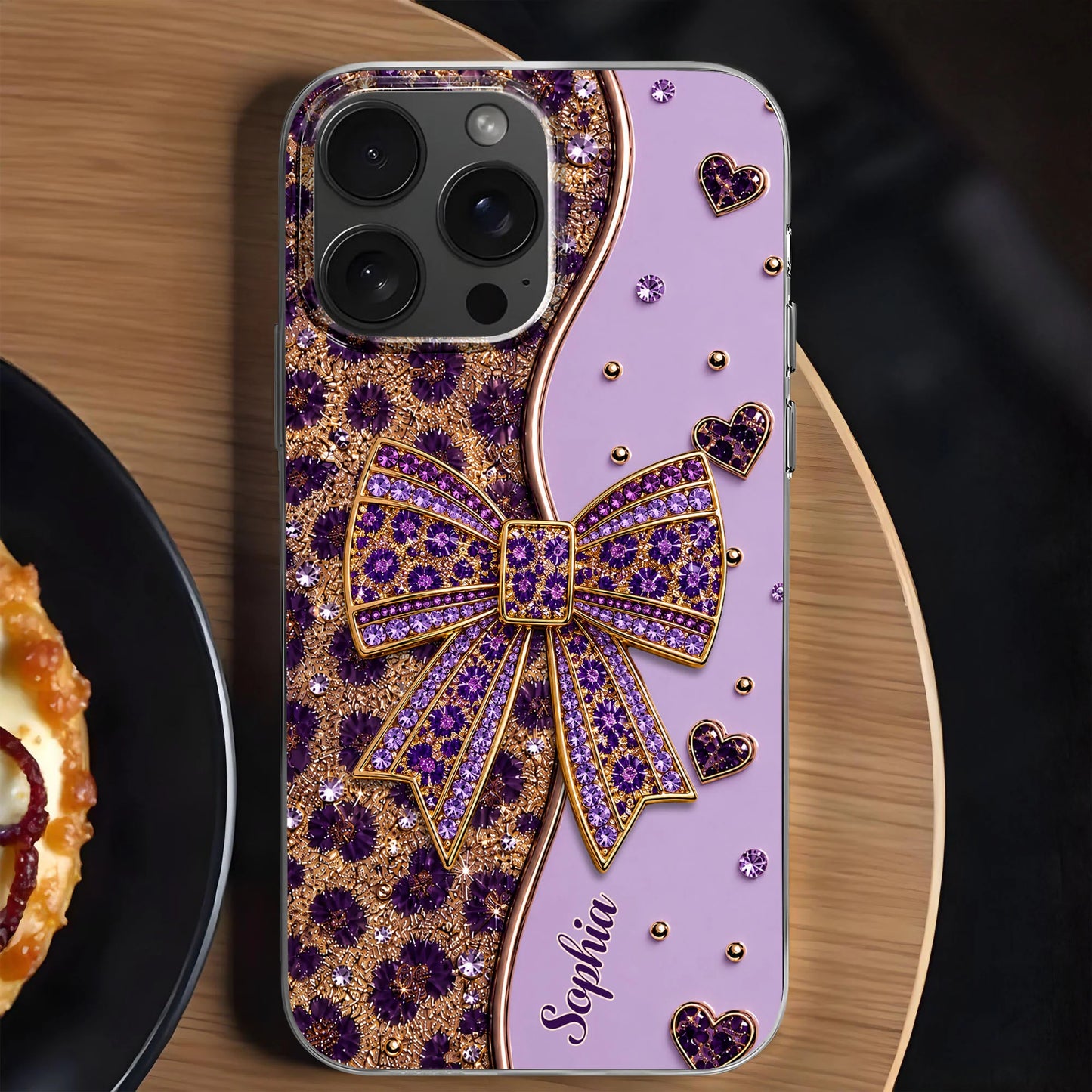 Custom name clear phone case with purple sparkling glitter bow design for iPhone and Samsung