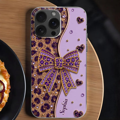 Custom name clear phone case with purple sparkling glitter bow design for iPhone and Samsung