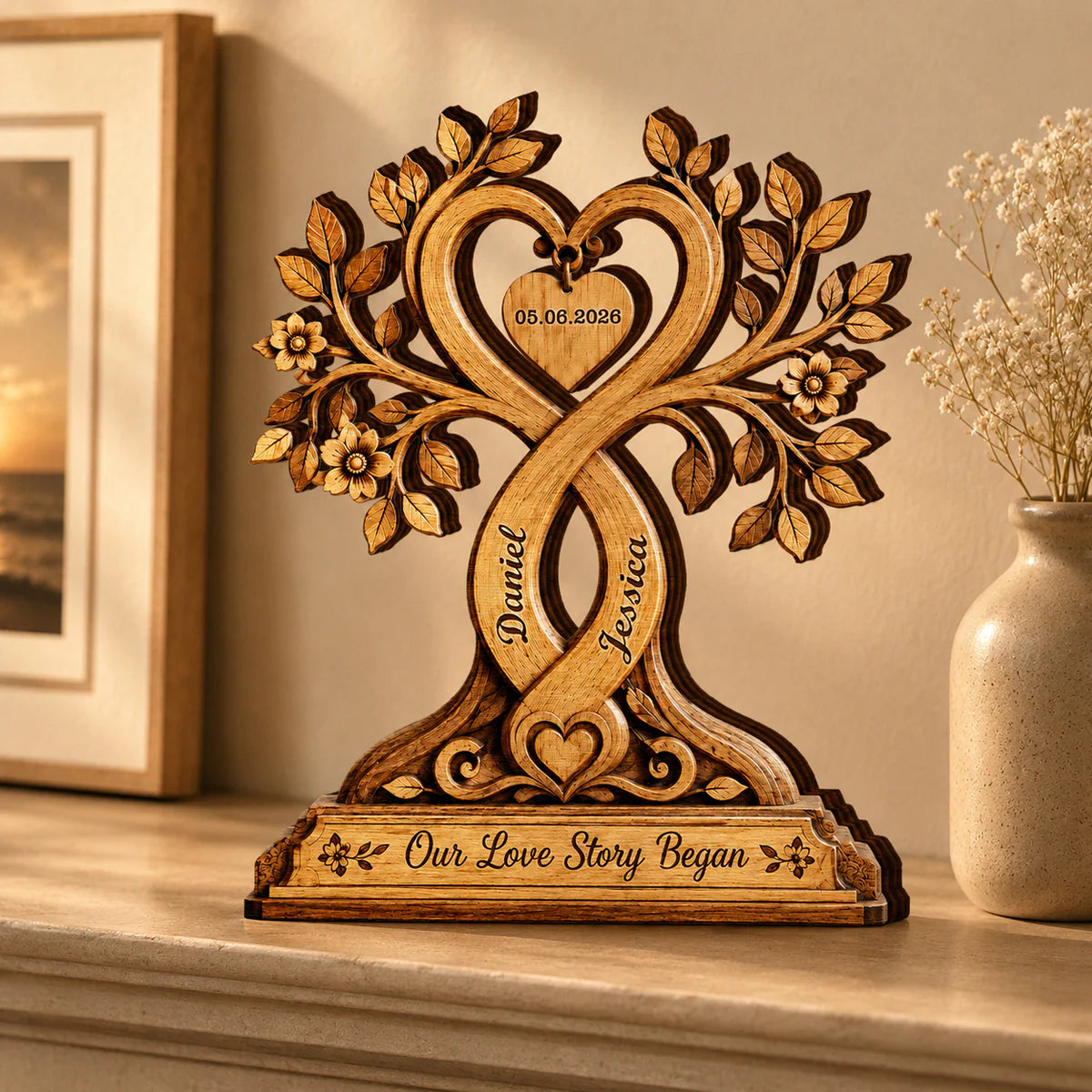 Custom couple love story plaque with intertwined tree heart design and names Daniel and Jessica image 6