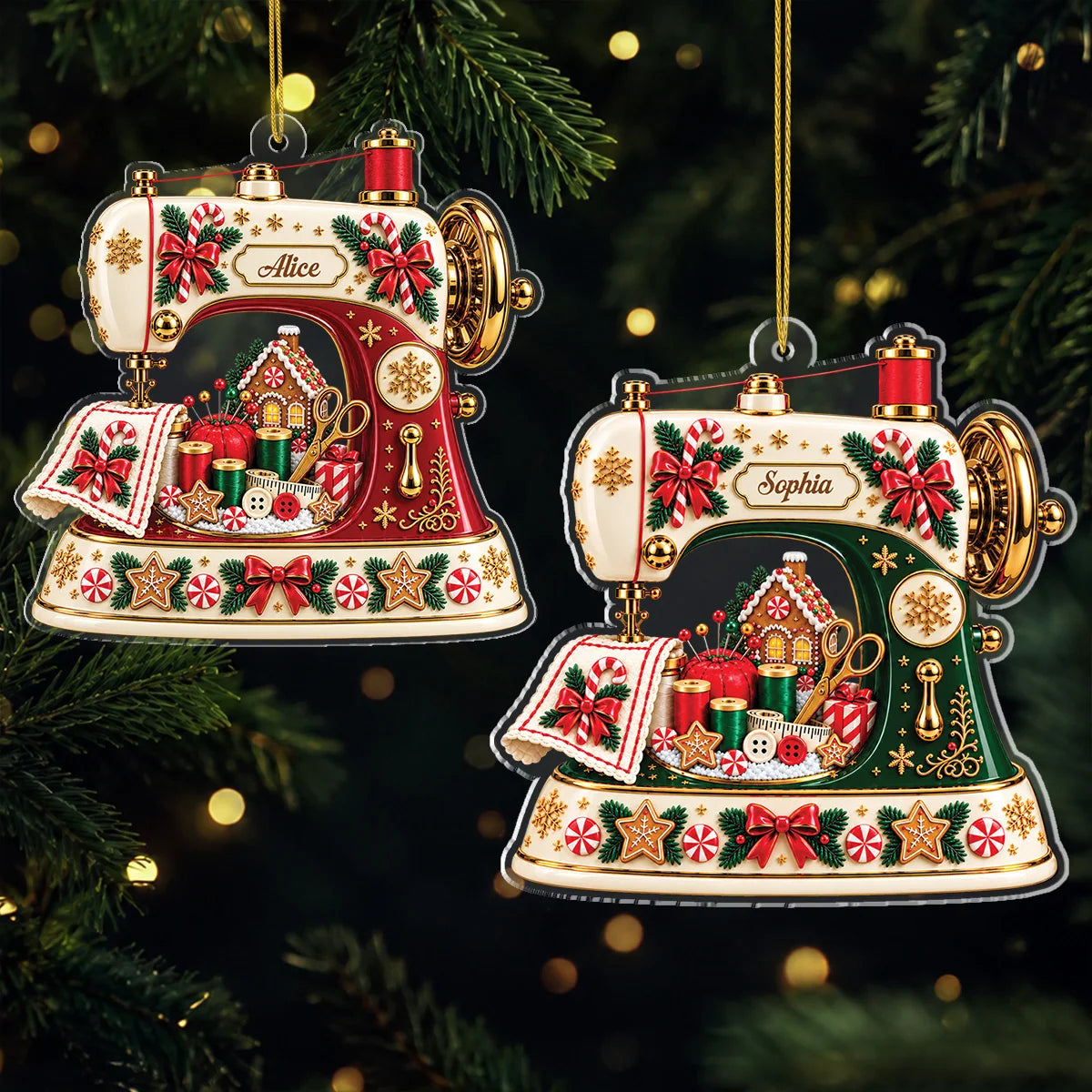 Vintage Sewing Machine Personalized Acrylic Ornament - Custom Seamstress Christmas Tree Decor for Mom & Grandma