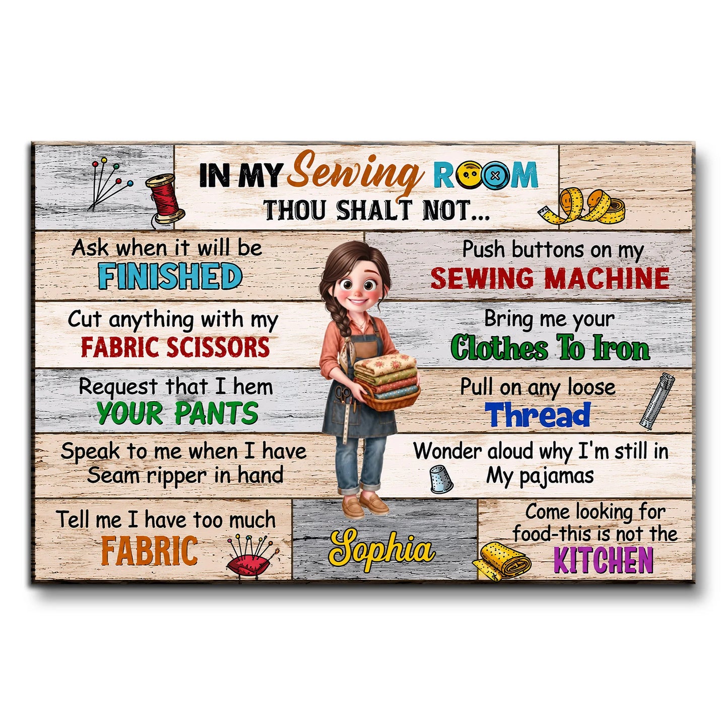 Personalized sewing room rules poster featuring customizable name and funny craft room rules for moms and quilters image 8