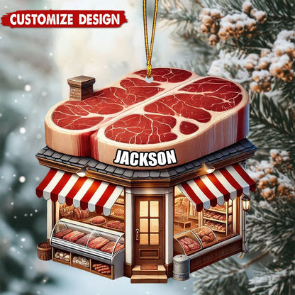 Personalized Butcher Shop Christmas Wooden Ornament - Custom Name Holiday Keepsake for Meat Lovers