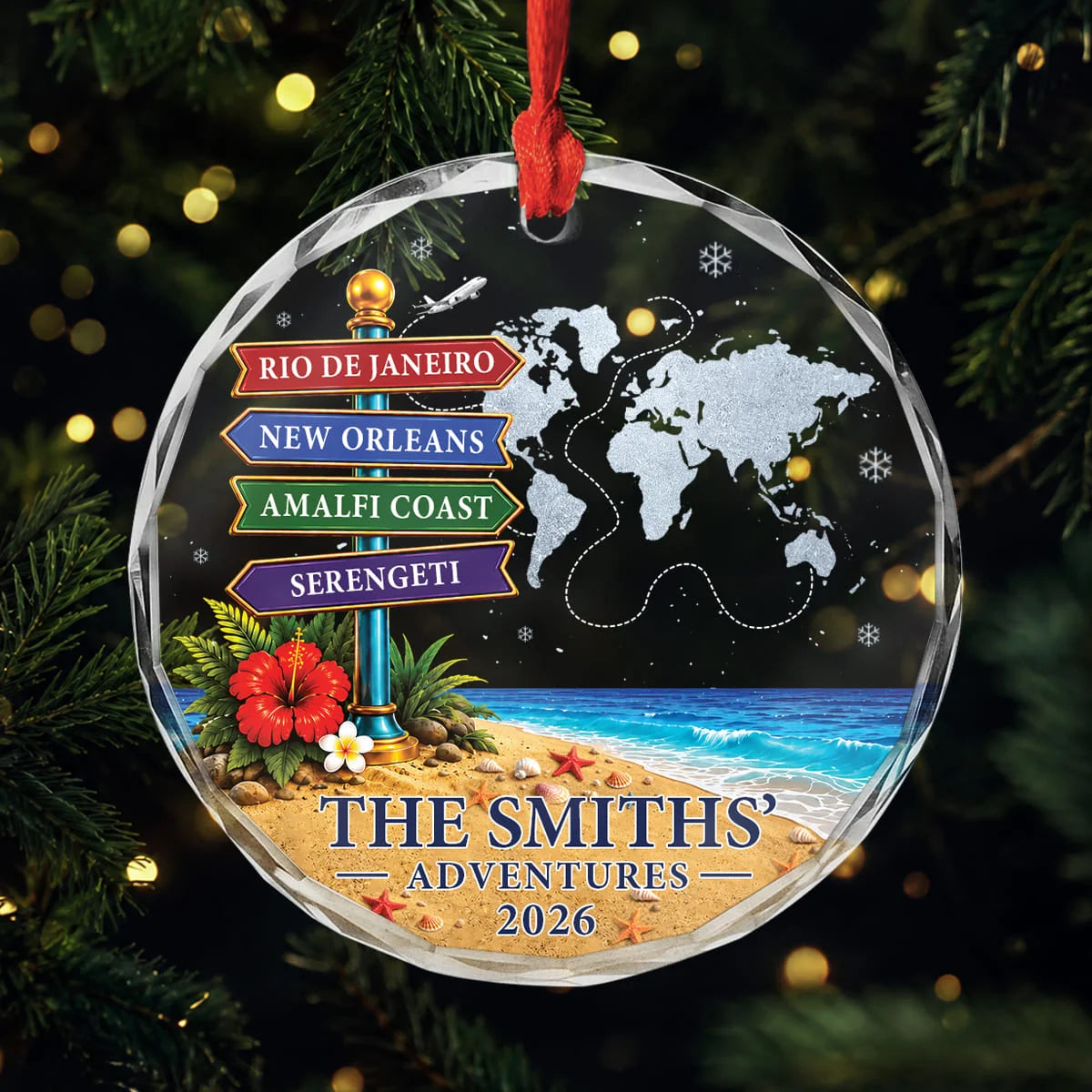 Family Vacation Adventures Personalized Glass Ornament - Custom Travel Map Keepsake Gift