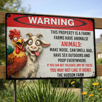 Personalized metal sign with a funny warning about farm animals, a cartoon rooster, and a goat on a wooden fence. image 8