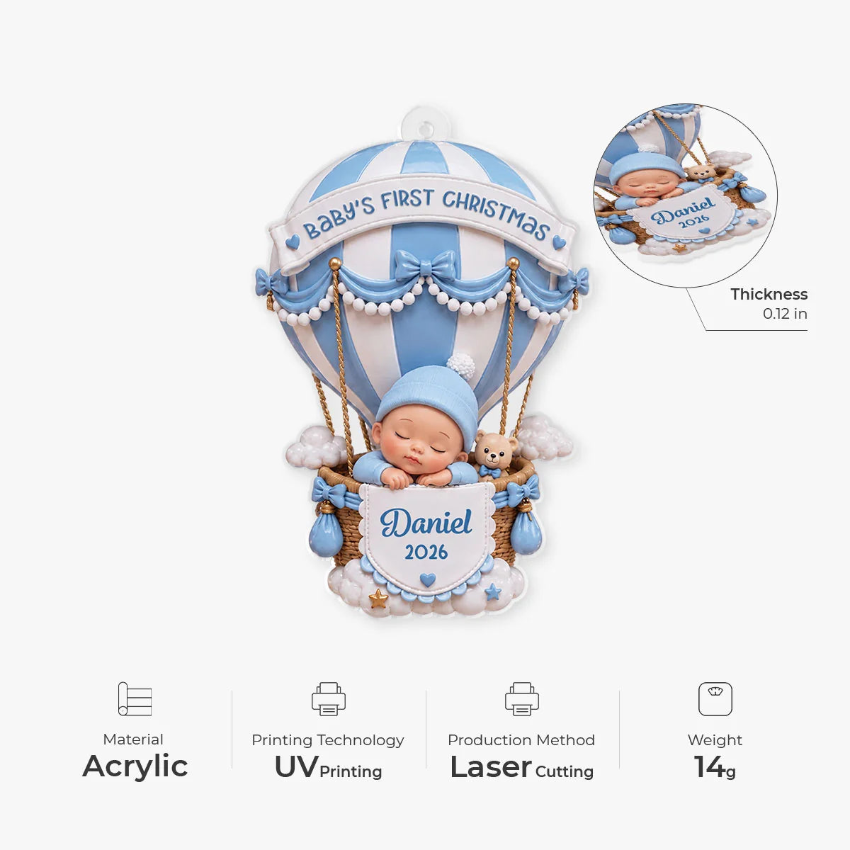 Baby's First Christmas Hot Air Balloon Personalized Acrylic Ornament - Custom Keepsake Gift for New Mom and Baby