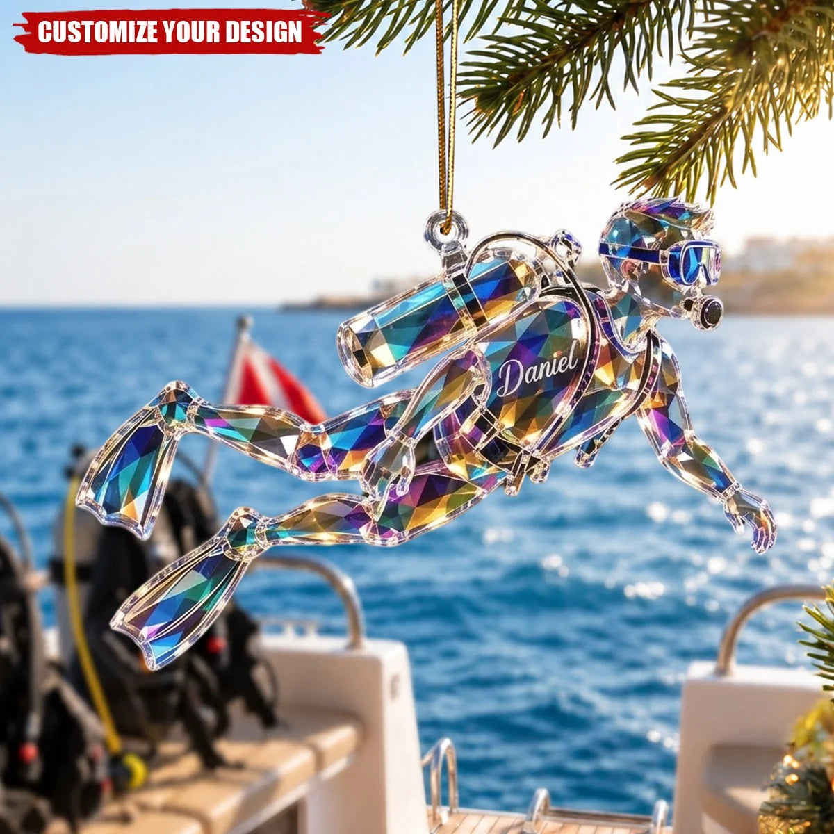 Custom Name Scuba Diver Acrylic Ornament - Personalized Ocean Diving Keepsake Gift for Divers