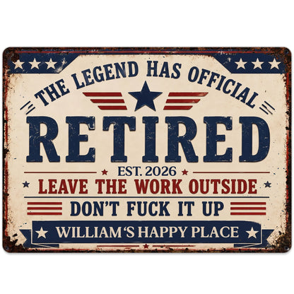 Custom retirement metal sign with stars and stripes reading The Legend Has Official Retired on a wooden fence image 10