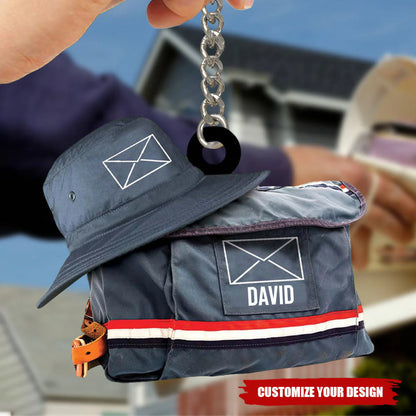 Personalized postal worker keychain featuring a miniature USPS mailbag and hat design - unique gift for mail carriers.