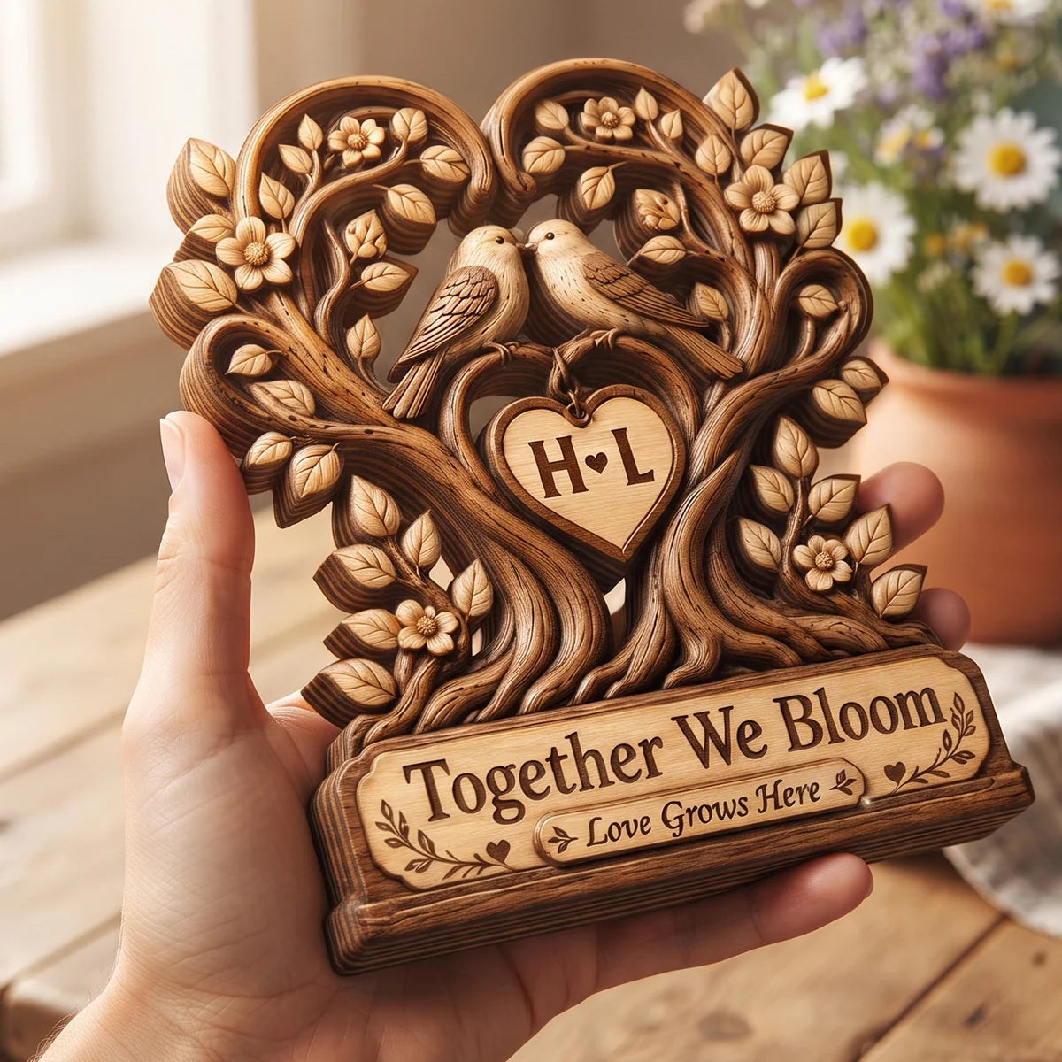 "Together We Bloom Love Grows Here" Personalized Wooden Block - Custom Couple Initials Gift