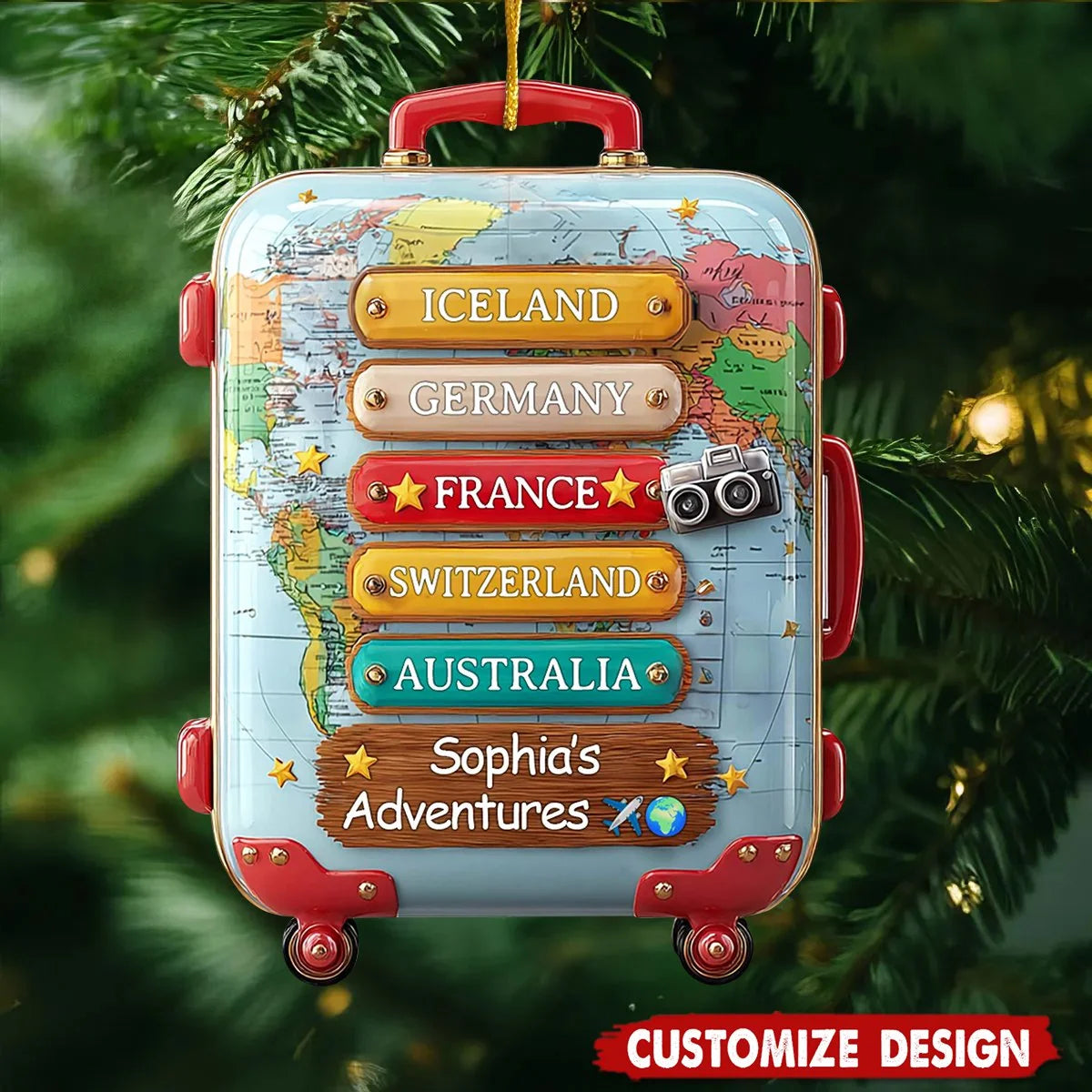 World Travel Suitcase Personalized Wooden Ornament - Custom Vacation Keepsake Gift for Travelers