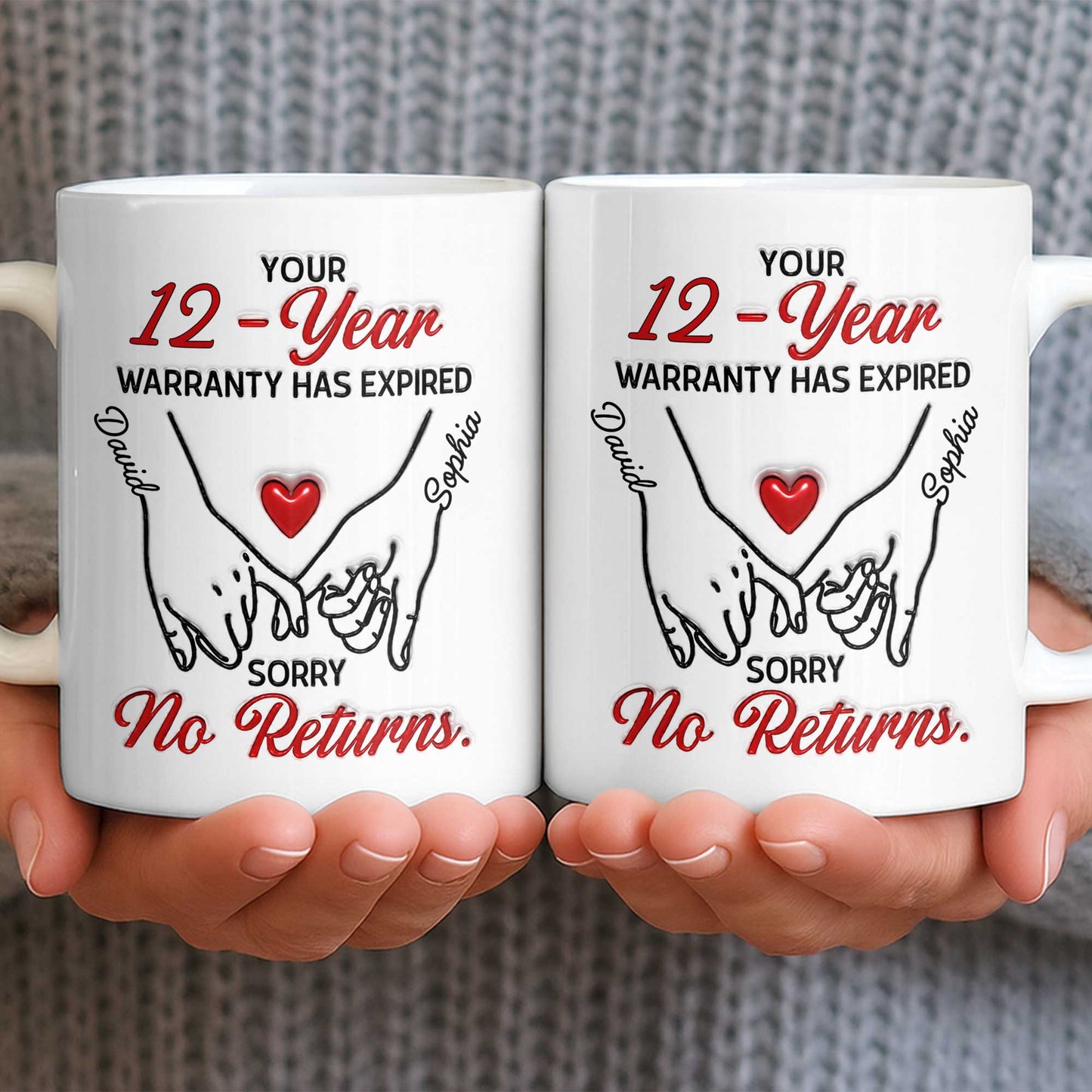 Personalized custom anniversary mug with a funny warranty expired quote and holding hands illustration image 7