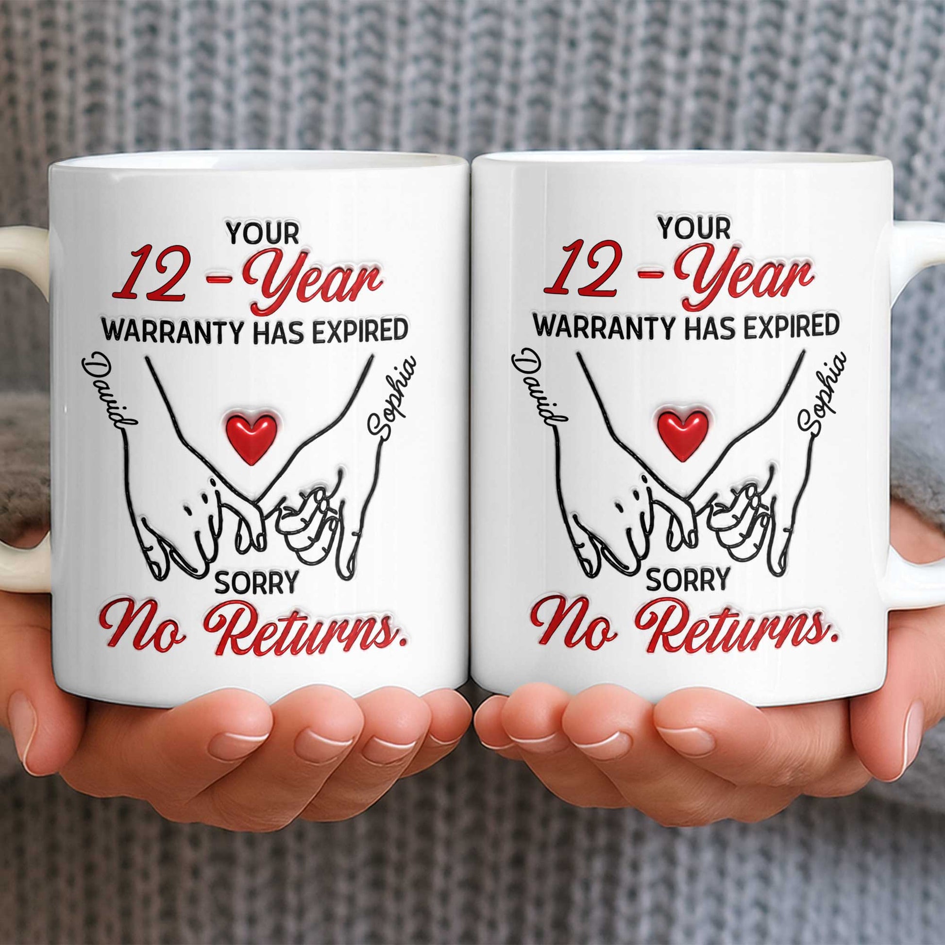Personalized custom anniversary mug with a funny warranty expired quote and holding hands illustration image 7