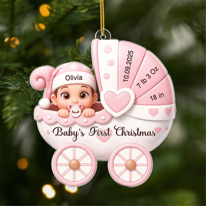 Baby's First Christmas Personalized Acrylic Ornament - Custom Birth Stats Stroller Keepsake for Newborn