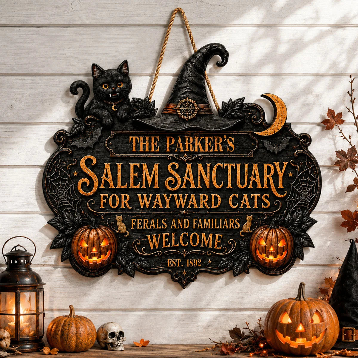 Salem Sanctuary For Wayward Cats Personalized Wood Sign - Custom Halloween Decor Gift for Cat Lovers