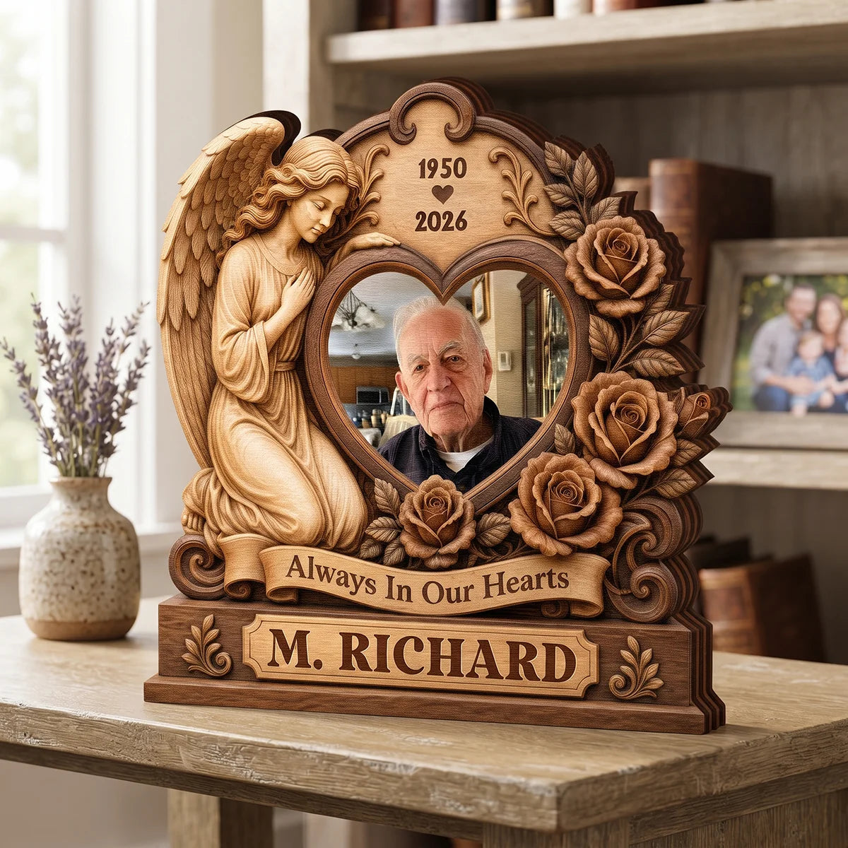 Always In Our Hearts Angel Photo Wooden Block - Personalized Sympathy Gift for Loss of Loved One