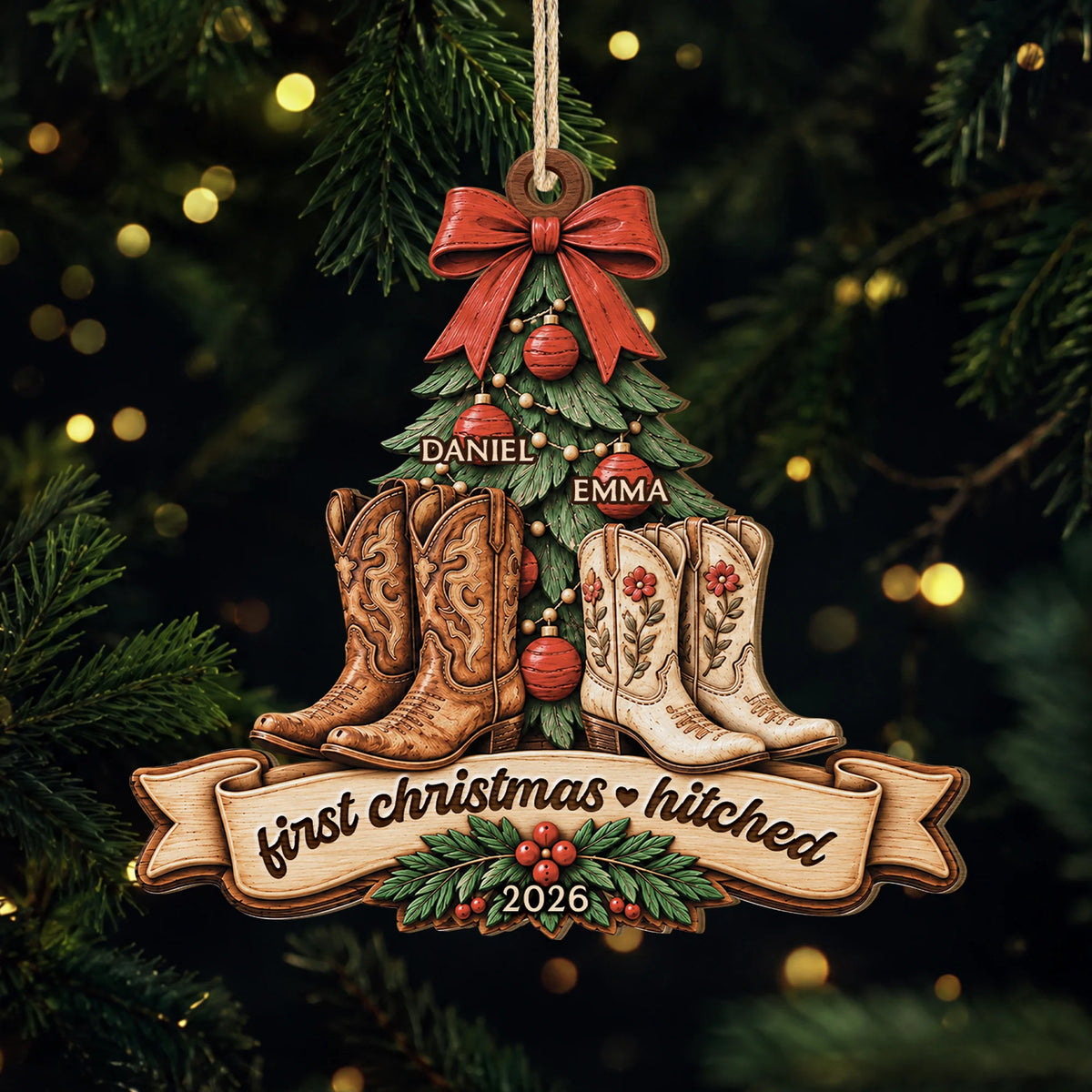 First Christmas Hitched Custom Wooden Ornament - Personalized Couple Cowboy Boots Keepsake