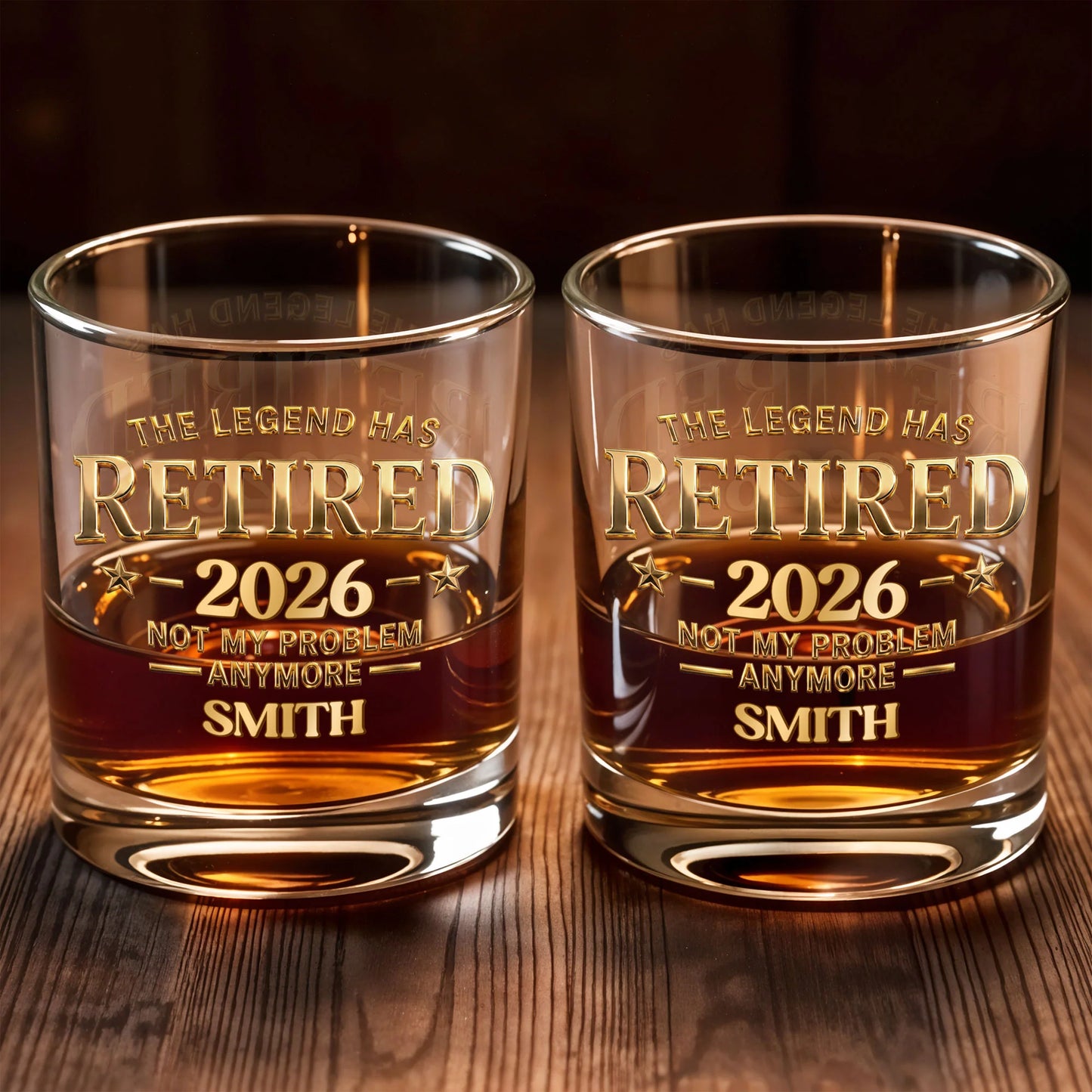 Personalized retirement whiskey glass with gold text reading The Legend Has Retired Not My Problem Anymore for dad image 7