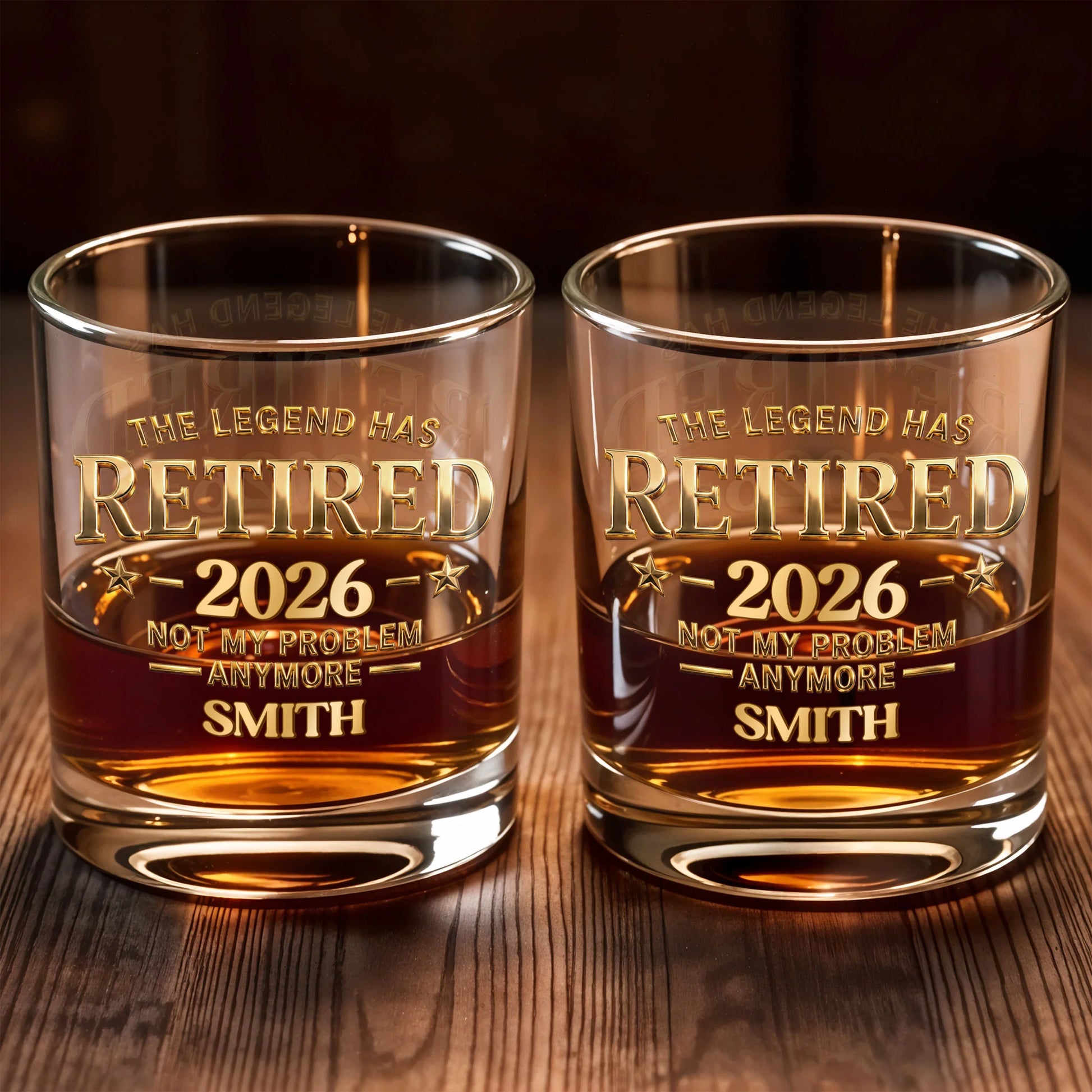Personalized retirement whiskey glass with gold text reading The Legend Has Retired Not My Problem Anymore for dad image 7