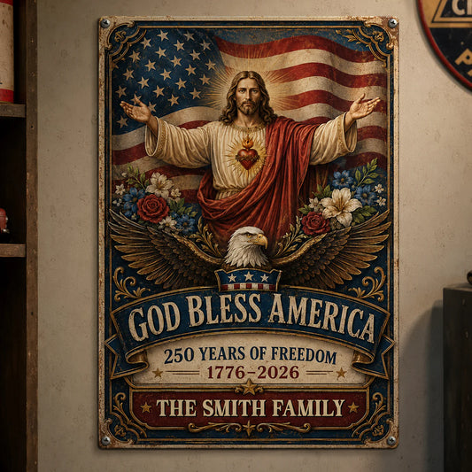 Personalized God Bless America Metal Sign for Family with personalized design details for meaningful gifting