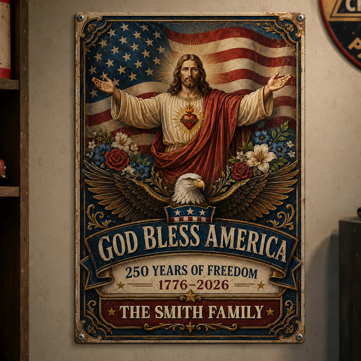 Personalized God Bless America Metal Sign for Family with personalized design details for meaningful gifting