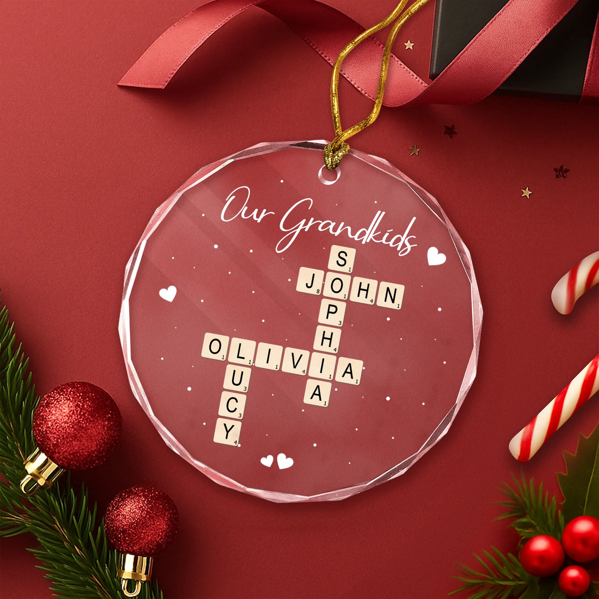 Our Grandkids Personalized Crossword Glass Ornament Custom Family Names Holiday Keepsake