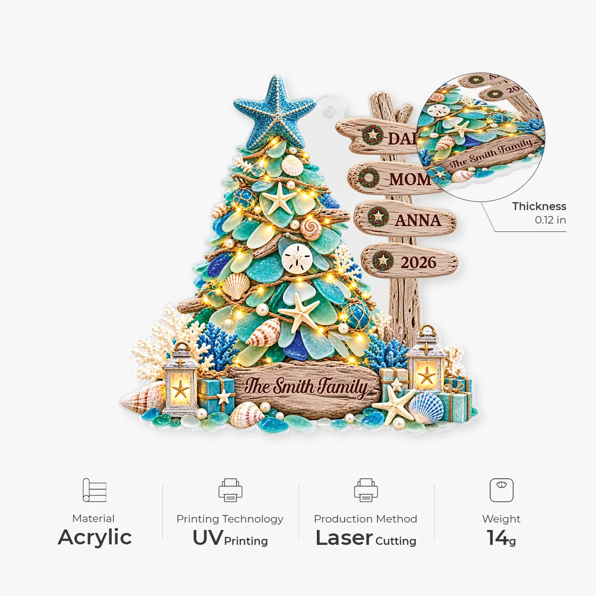 Custom Name Seashell Acrylic Ornament - Personalized Beach Christmas Gift for Family