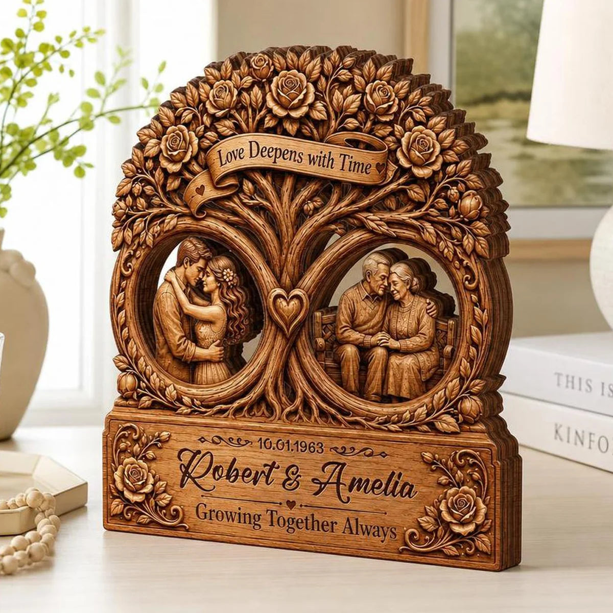 "Love Deepens With Time Tree" Personalized Wooden Block - Custom Anniversary Keepsake Gift for Couples