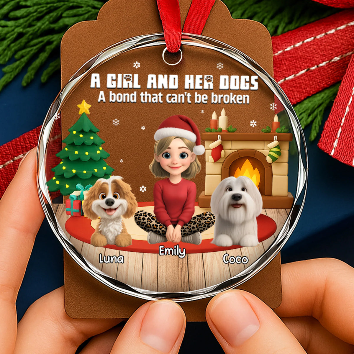 A Girl And Her Dogs Personalized Glass Ornament - Dog Lovers Christmas Tree Keepsake
