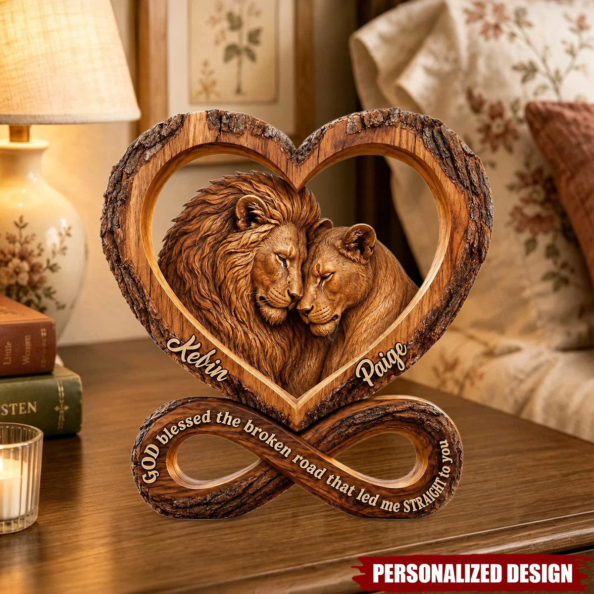 God Blessed The Broken Road - Personalized Lion Wooden Block Keepsake for Couples
