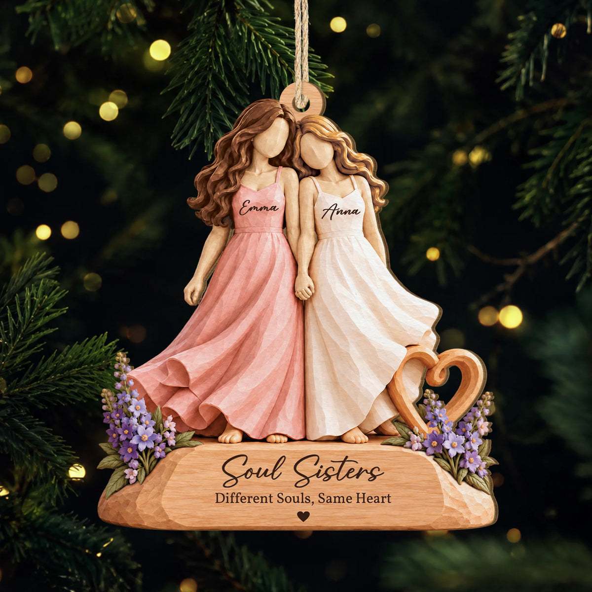 Soul Sisters Different Souls Same Heart - Personalized Wooden Ornament for Best Friends Christmas Gift
