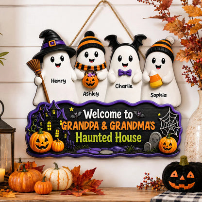 Welcome To Grandma Grandpa Haunted House Sign - Personalized Ghost Family Wood Sign Decor