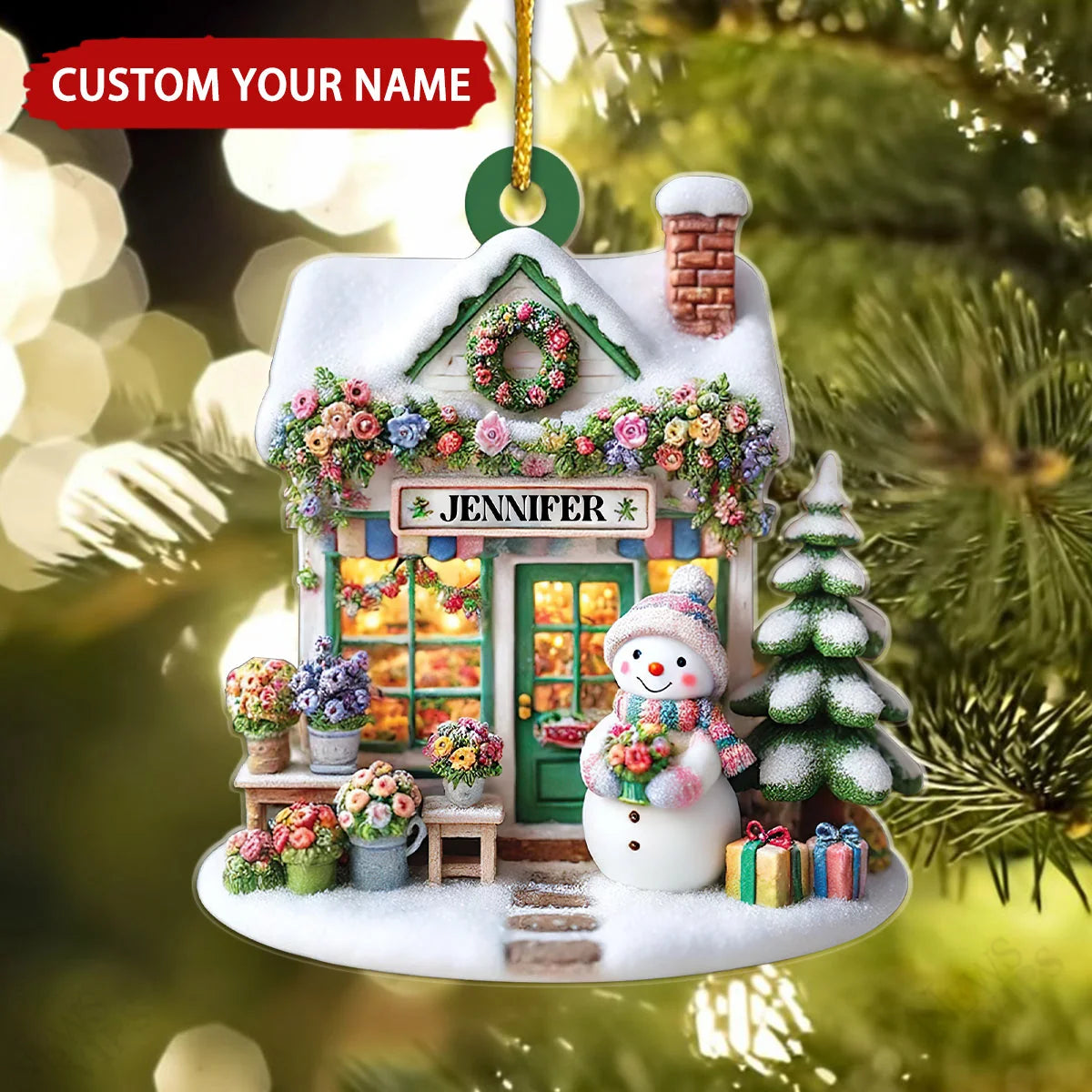 Custom Floral Shop Snowman Name Wooden Ornament - Personalized Christmas Keepsake Gift for Flower Lovers