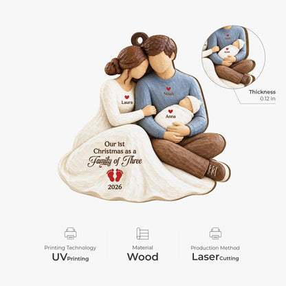 "Our 1st Christmas as a Family of Three" Personalized Wooden Ornament - Keepsake Gift for New Parents & Baby