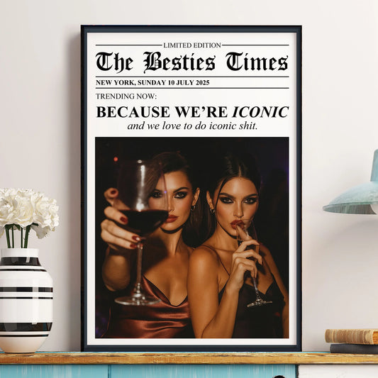 Personalized newspaper friendship poster featuring a custom photo print and funny headline for best friends wall art decor
