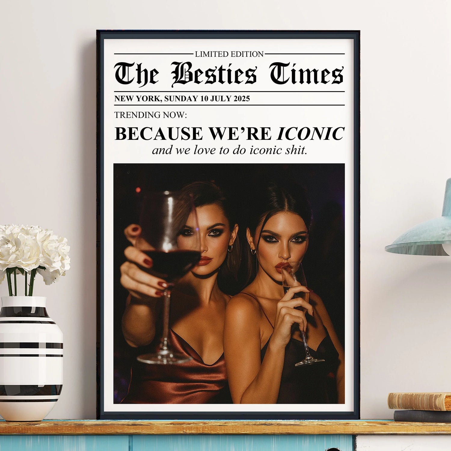Personalized newspaper friendship poster featuring a custom photo print and funny headline for best friends wall art decor