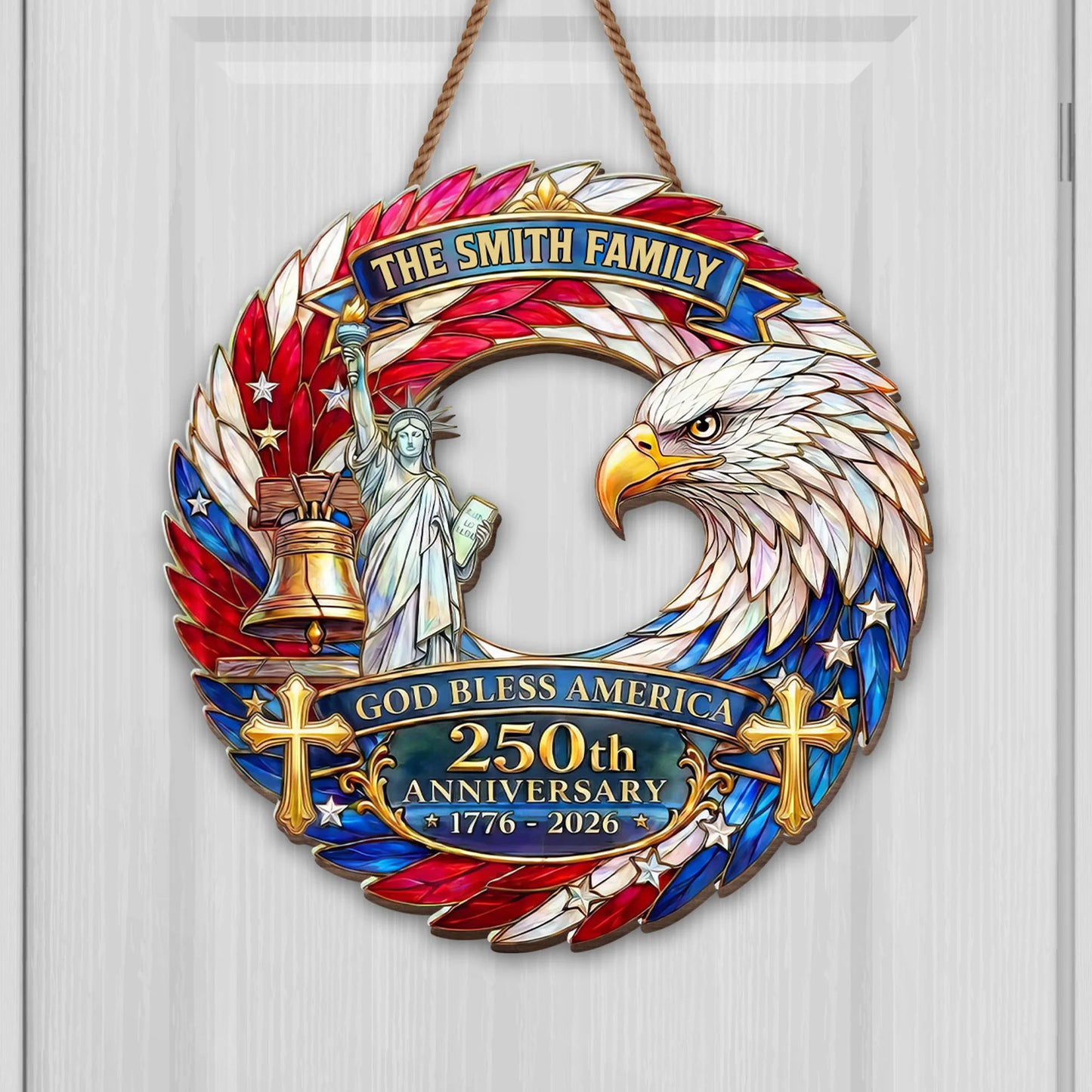 Personalized patriotic wood sign with custom family name, bald eagle, and 250th anniversary design for home decor