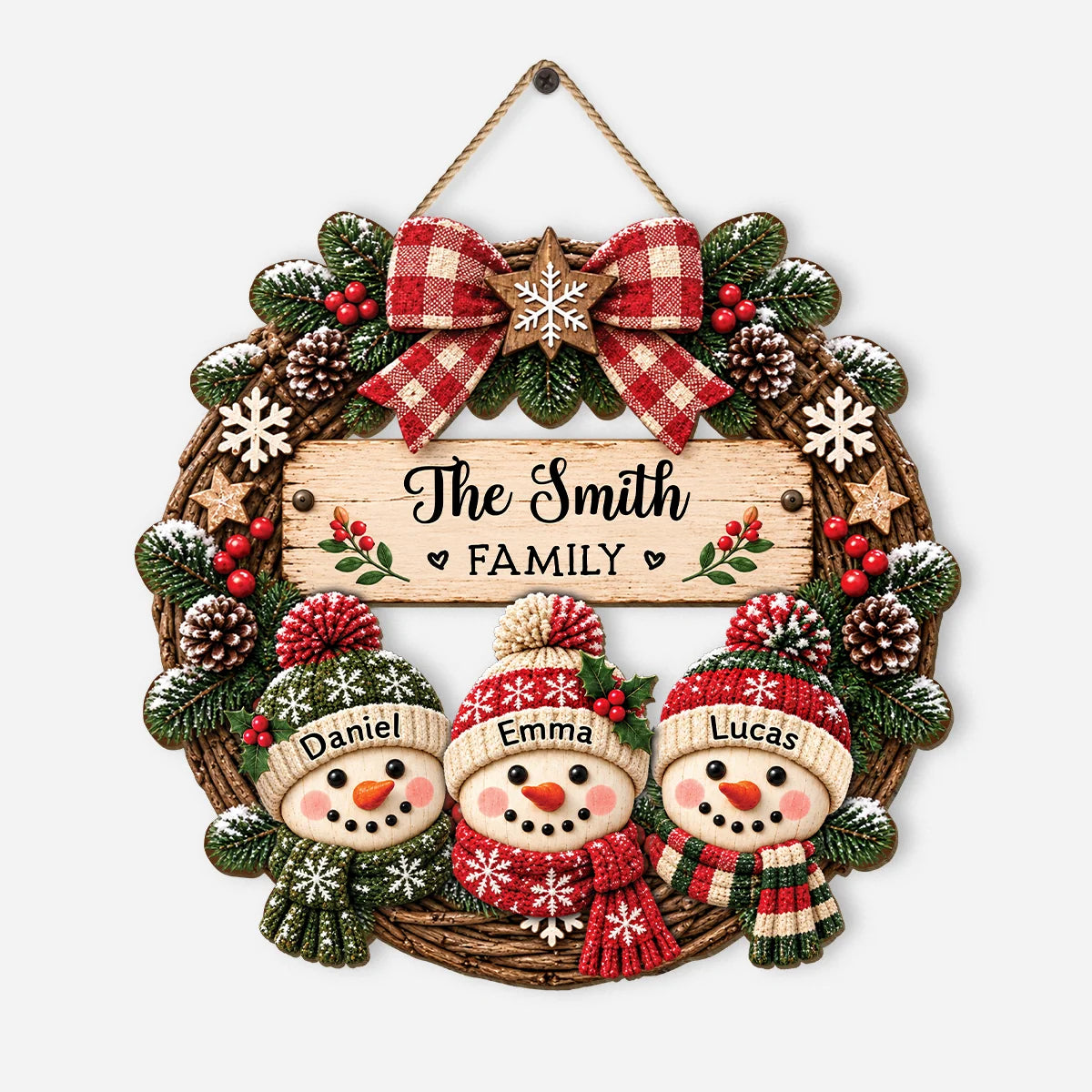 Custom Snowman Family Christmas Wood Sign - Personalized Holiday Door Wreath Keepsake Gift for Home Decor