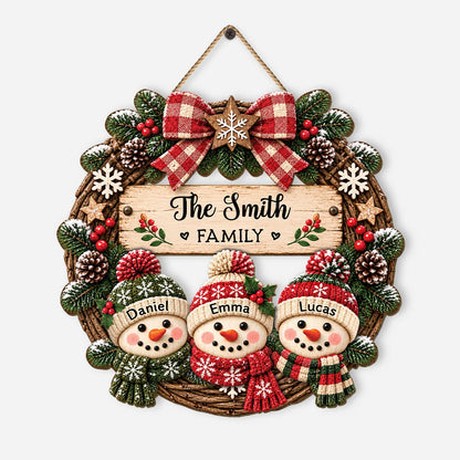 Custom Snowman Family Christmas Wood Sign - Personalized Holiday Door Wreath Keepsake Gift for Home Decor