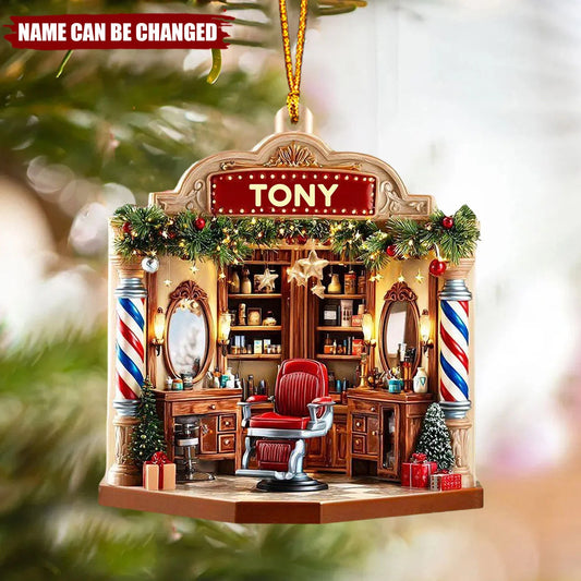 Vintage Barber Shop Scene Personalized Wooden Ornament - Christmas Tree Decor Gift for Hair Stylists