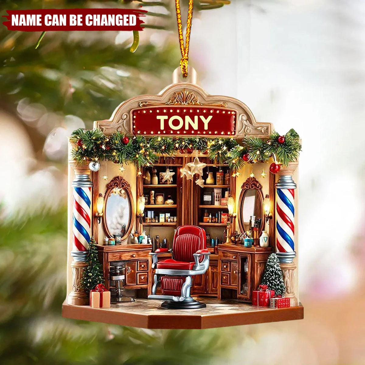 Vintage Barber Shop Scene Personalized Wooden Ornament - Christmas Tree Decor Gift for Hair Stylists