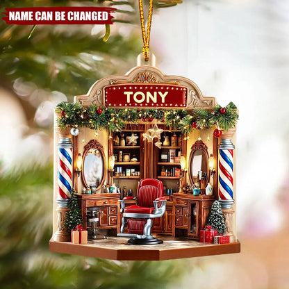 Vintage Barber Shop Scene Personalized Wooden Ornament - Christmas Tree Decor Gift for Hair Stylists