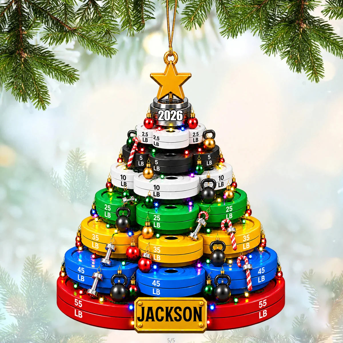 Weight Plate Christmas Tree Wooden Ornament - Personalized Fitness Gift for Gym Lovers, Weightlifters