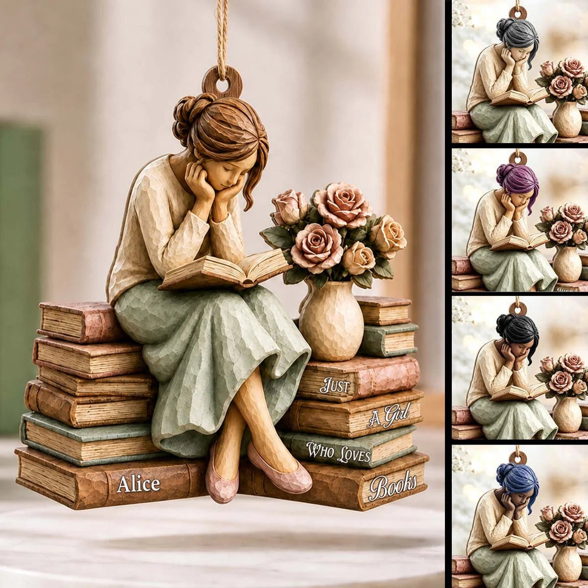 Personalized book lover ornament with custom girl reading on books for bookworm gifts