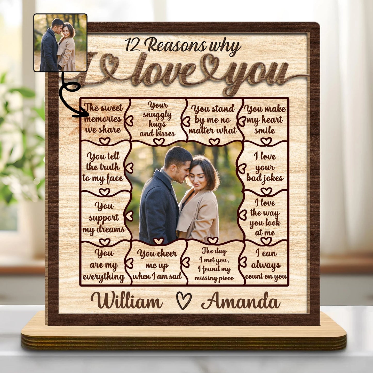 Personalized 12 reasons why i love you wood plaque with custom couples photo and romantic messages