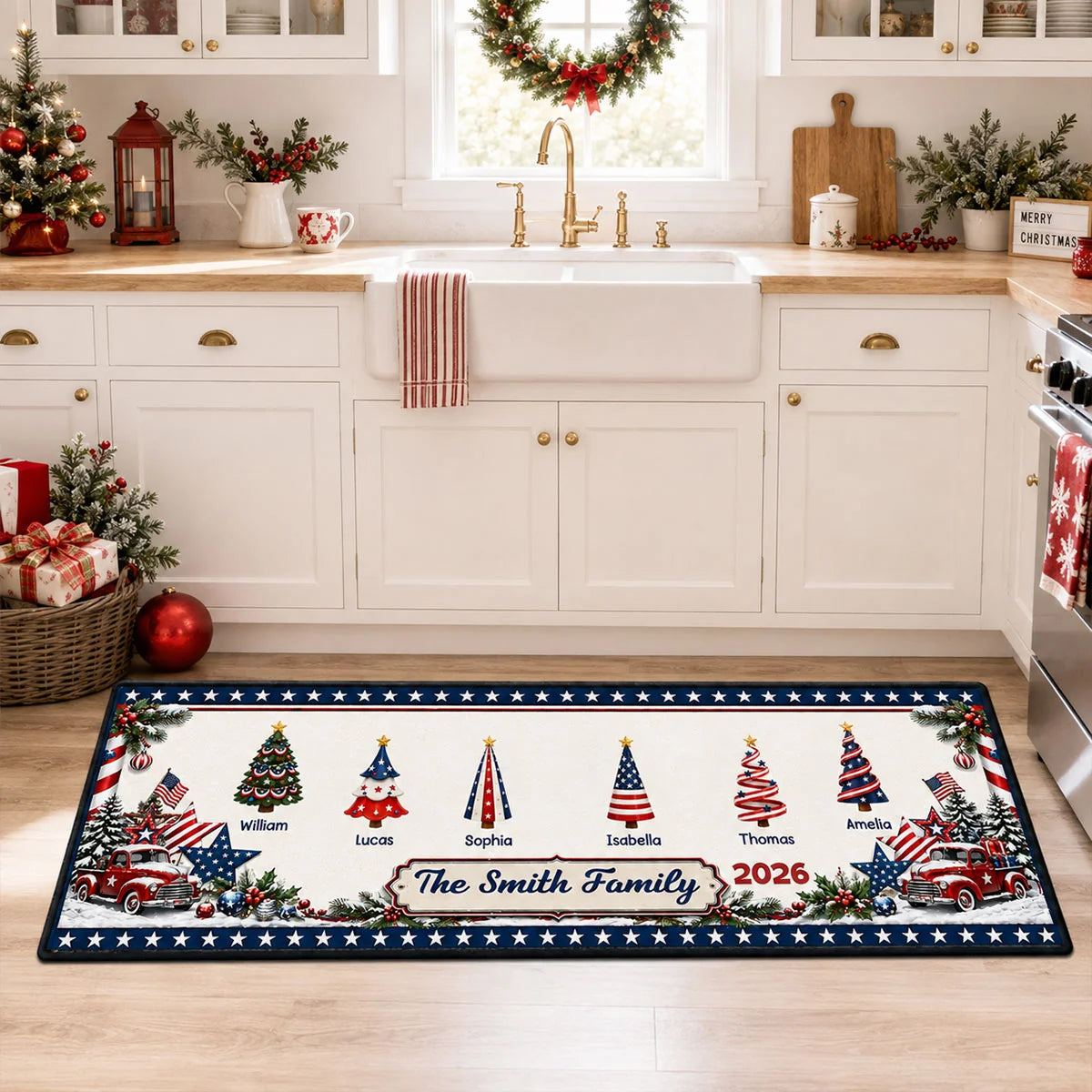 Personalized Christmas Kitchen Runner Rug - Custom Patriotic Family Name Holiday Mat