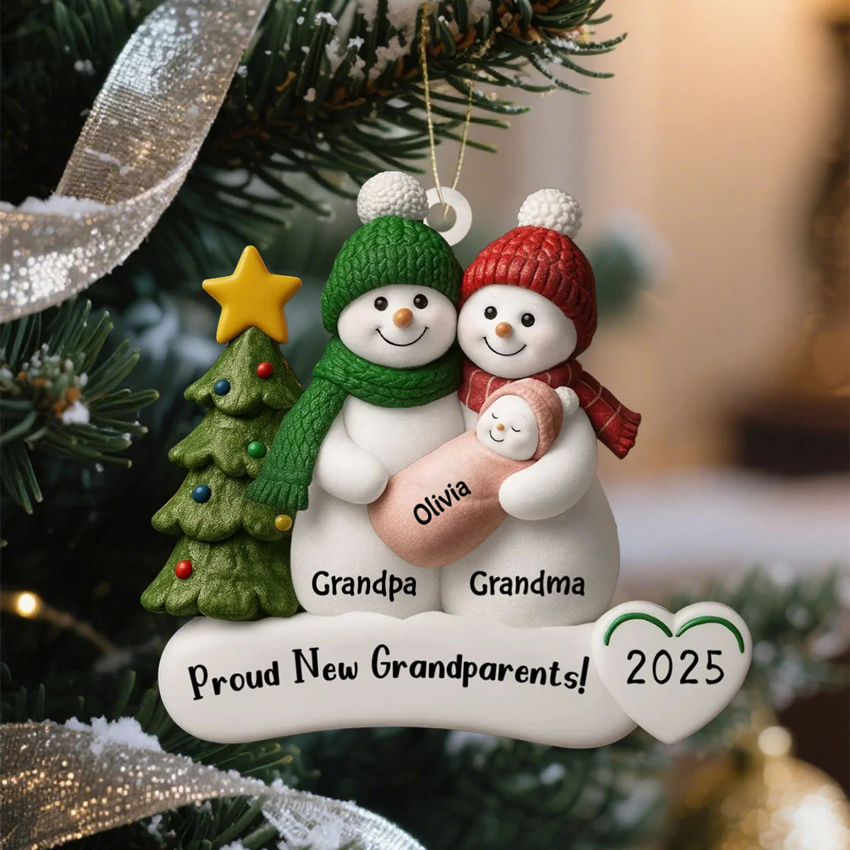 Proud New Grandparents Personalized Acrylic Ornament - Custom Snowman Keepsake Gift for Nana & Papa