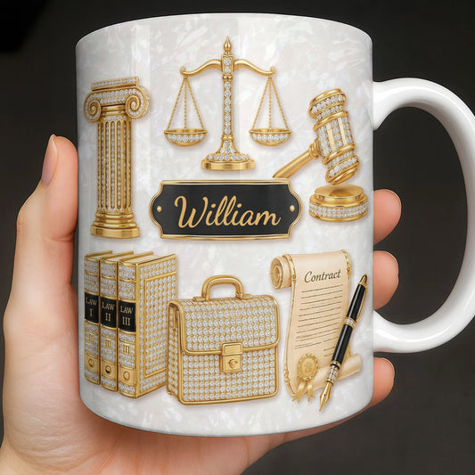 Personalized lawyer mug with golden scales of justice and custom name on mother of pearl background