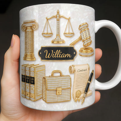 Personalized lawyer mug with golden scales of justice and custom name on mother of pearl background